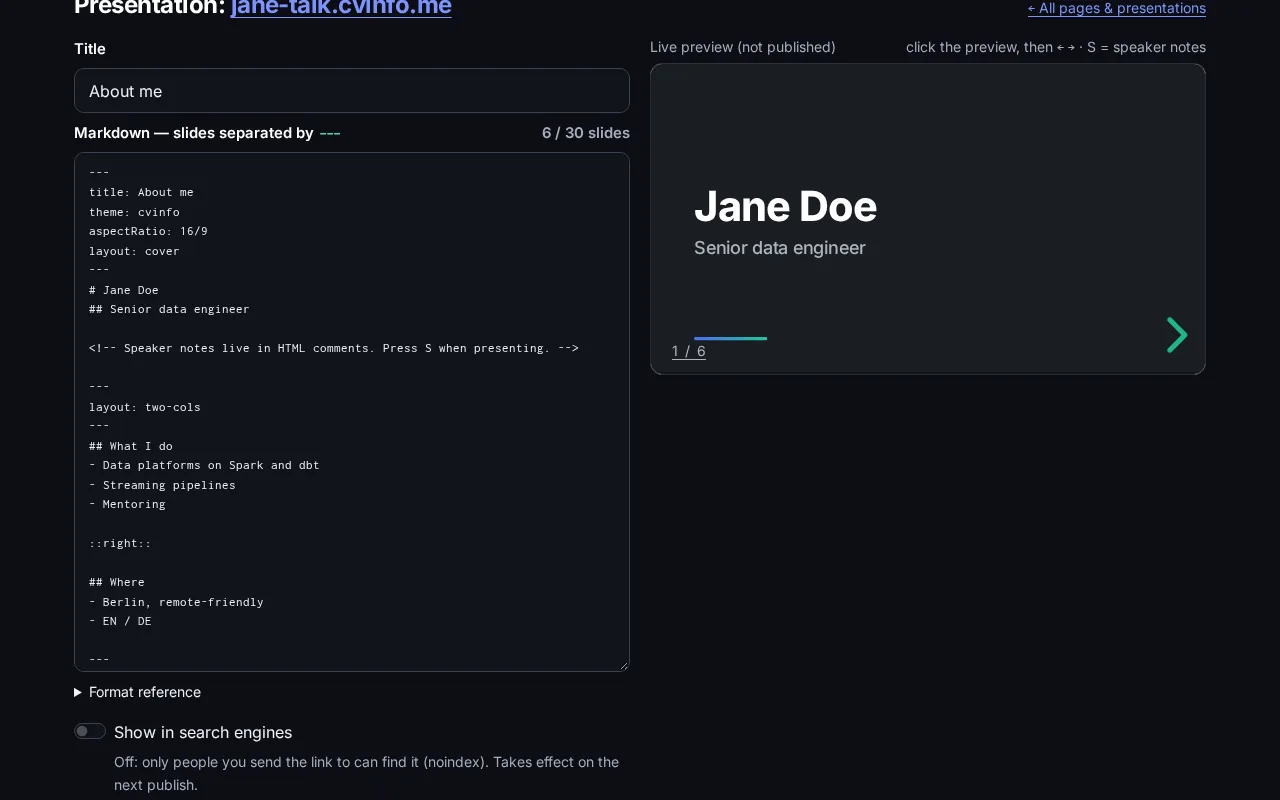 The deck editor: Markdown on the left, live slide preview on the right