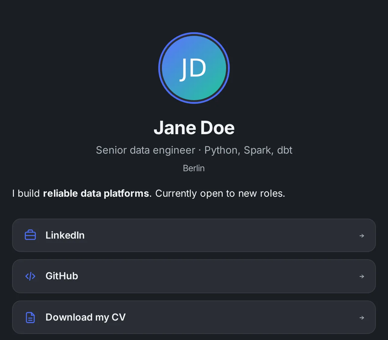 A cvinfo link page: round photo, name, headline, link buttons and an experience section
